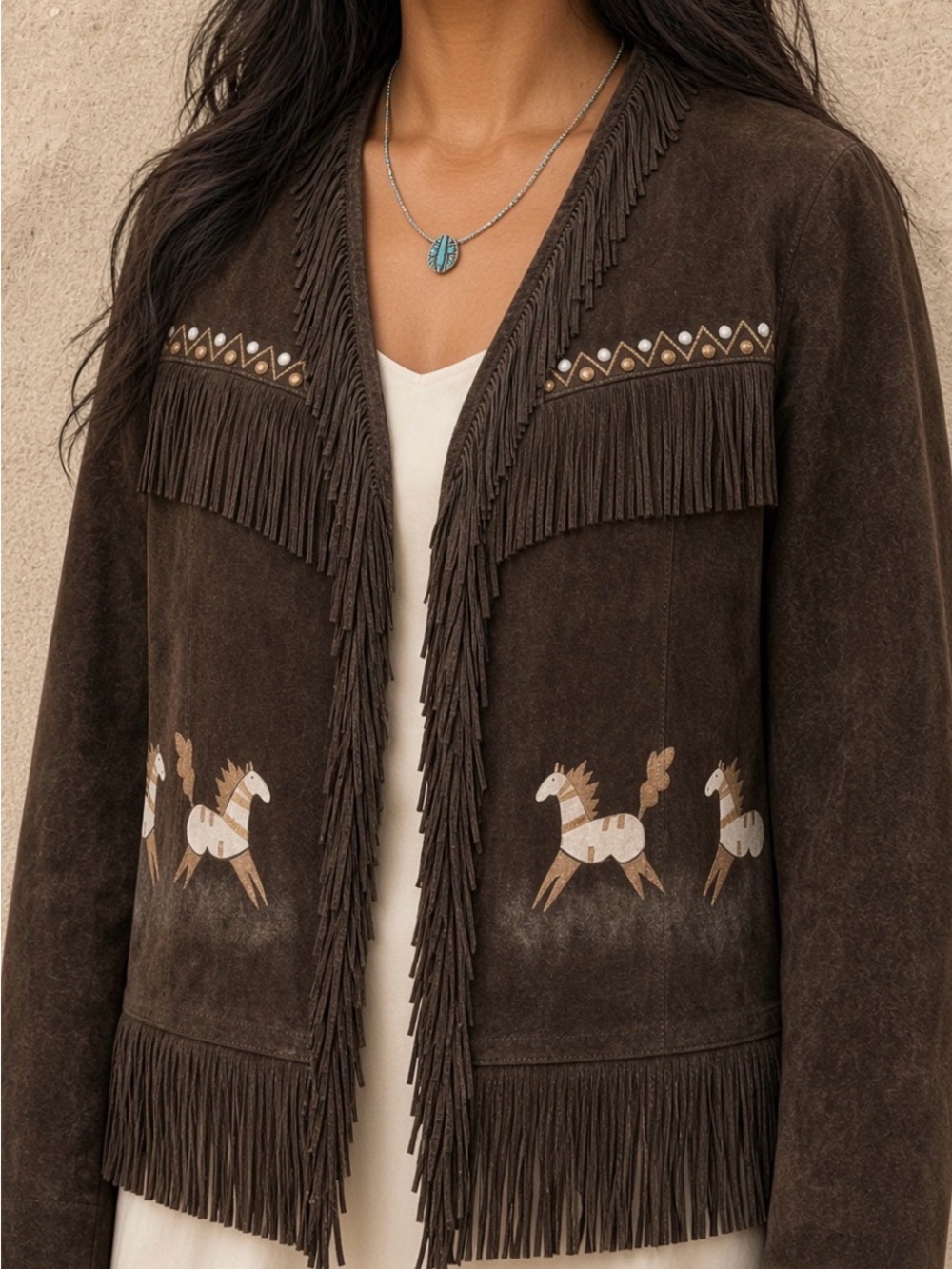 Patricia Wolf hand painted leather fringe jacket Native American Indian ponies L